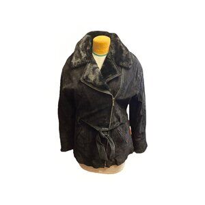 Colebrook & Co Women’s Black Suede Belted Jacket w Faux Fur‎ Collar, Sz M
